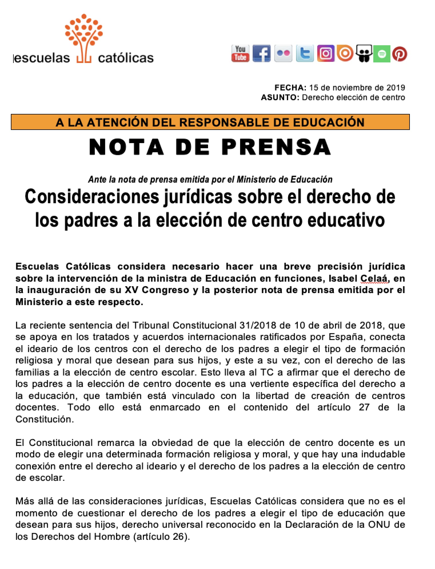 Nota de Prensa de Escuelas Católicas sobre el derecho de elección de centro